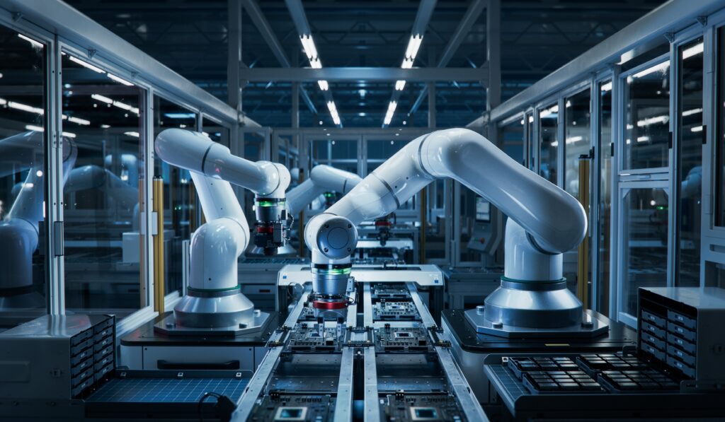 Two robotic arms working on an assembly line in a modern manufacturing environment.