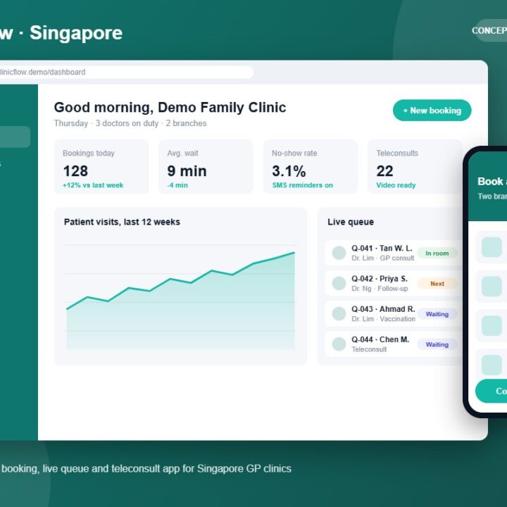 ClinicFlow concept project by Softsols: Multi-branch clinic booking, live queue and teleconsult app for Singapore GP clinics